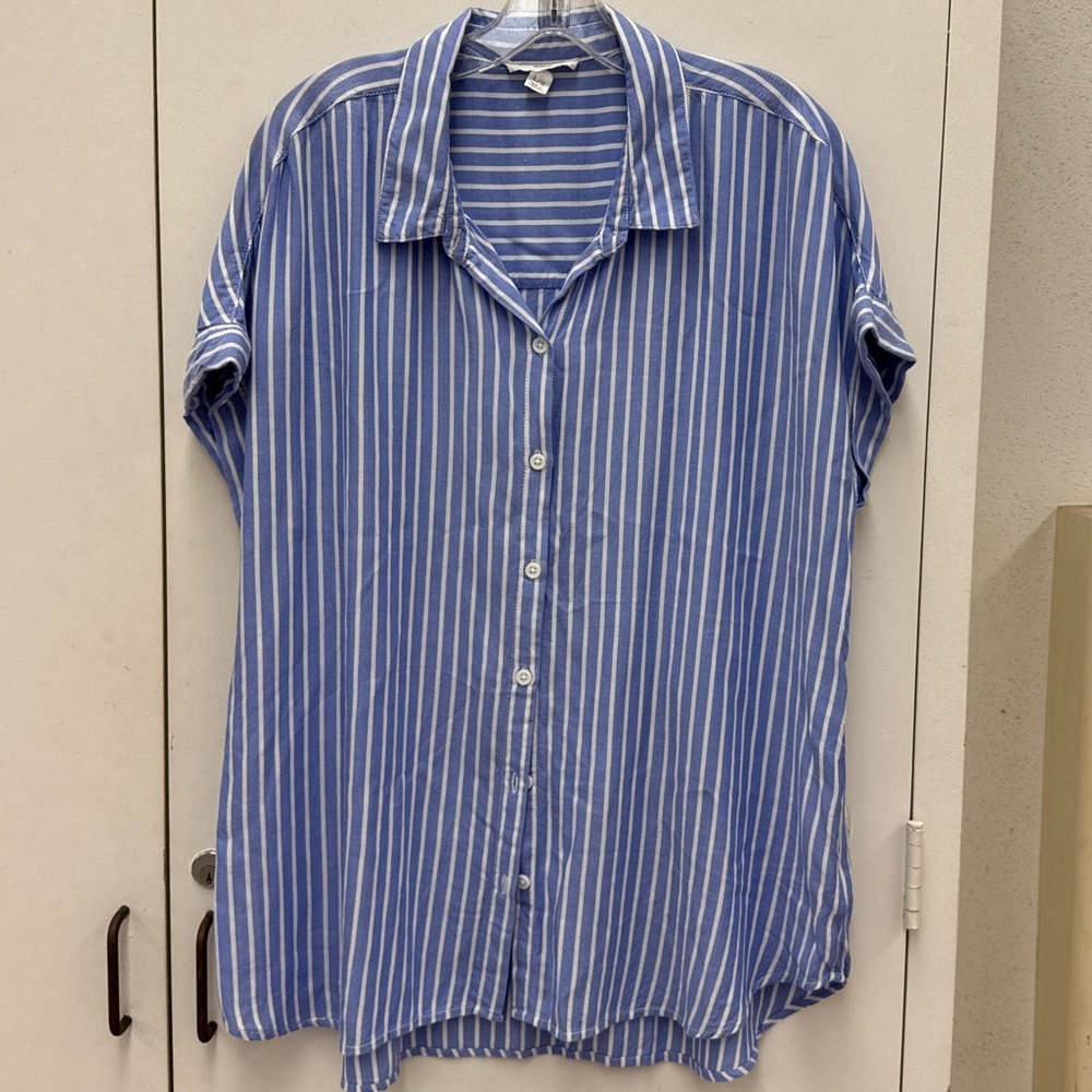 beachlunchlounge Blue and White Striped Button Up Shirt Size L Preppy Coastal - Picture 2 of 5